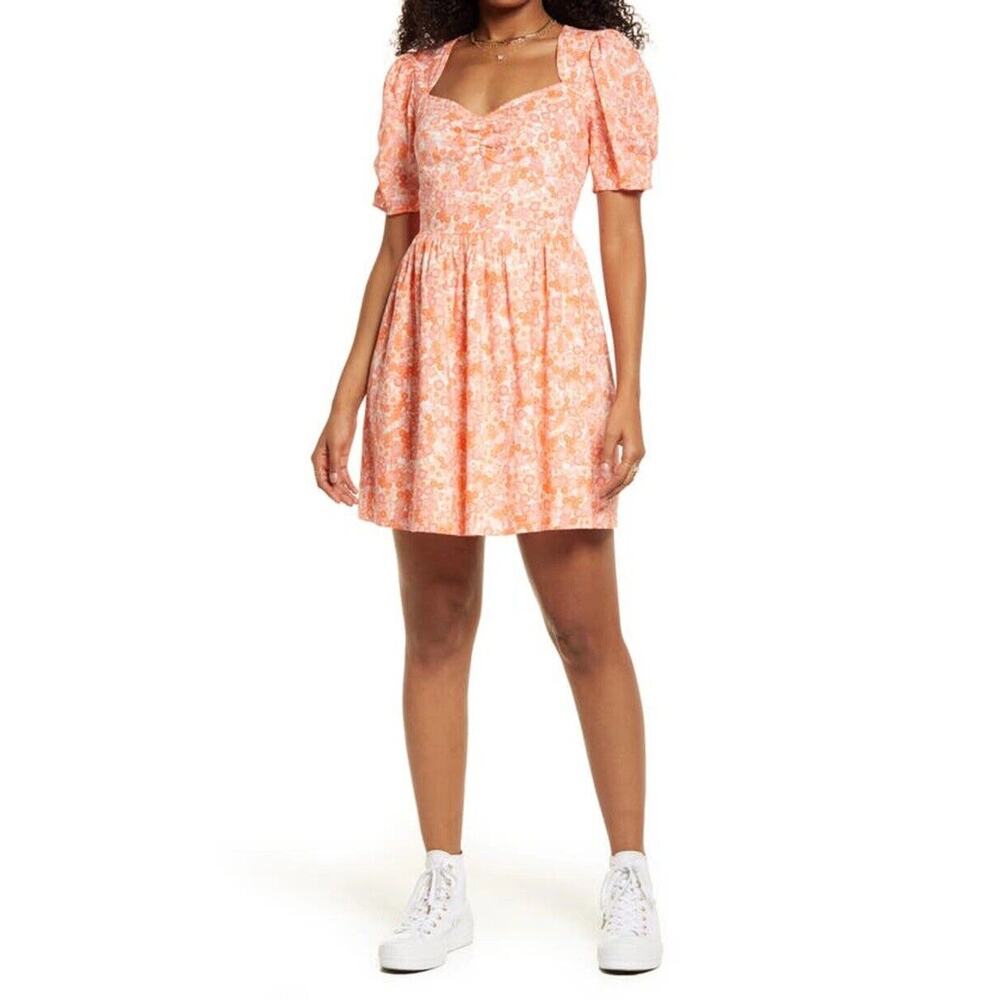 Bp. Dainty Floral Short Sleeve Babydoll Dress Ivory Corral Size S